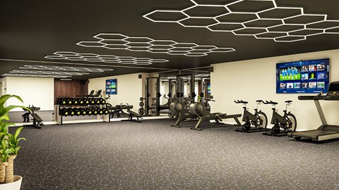 a workout room with exercise bikes and weights in the center of the room